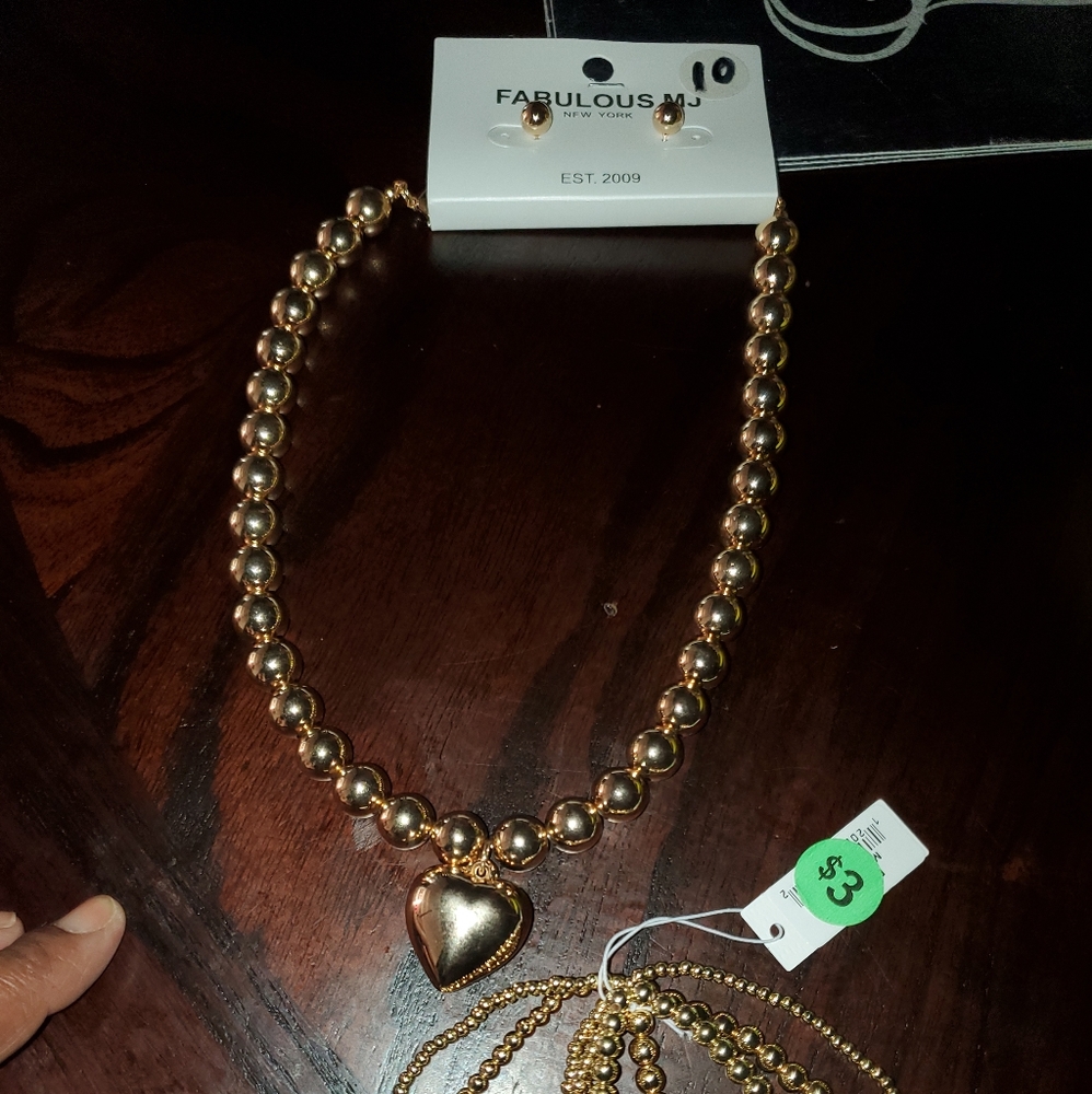 Gold Faux Pearl Ball Necklace and Bracelet